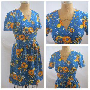 vtg 60s 70s Mod Blue Floral SCOOTER Mini Babydoll Fit & Flare Dress S EUC